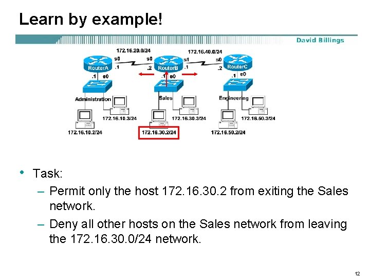 Learn by example! • Task: – Permit only the host 172. 16. 30. 2