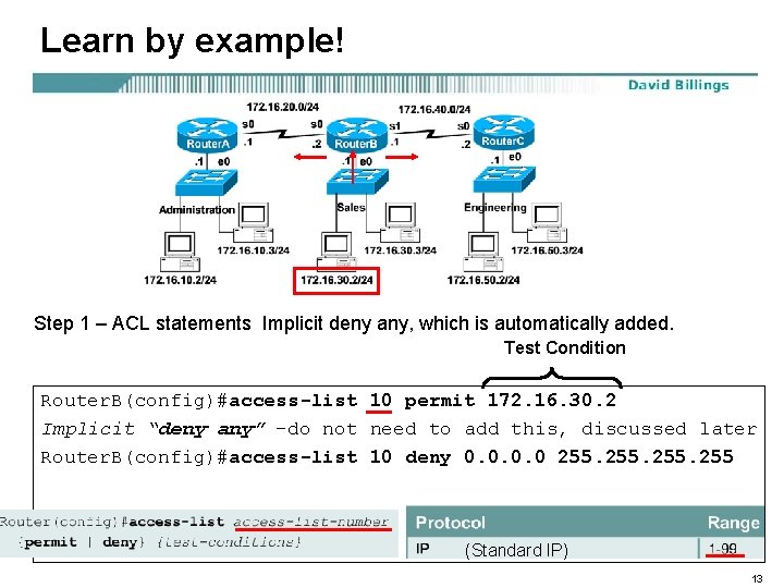 Learn by example! Step 1 – ACL statements Implicit deny any, which is automatically