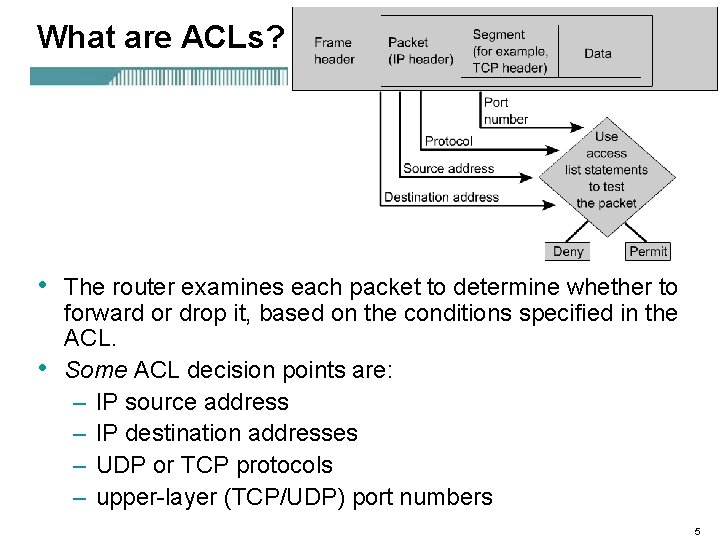 What are ACLs? • • The router examines each packet to determine whether to