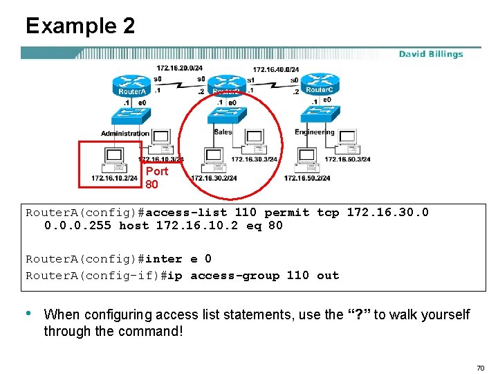 Example 2 Port 80 Router. A(config)#access-list 110 permit tcp 172. 16. 30. 0. 0.