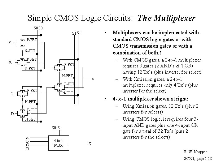 Simple CMOS Logic Circuits: The Multiplexer S 0 • S 1 A P-FET N-FET