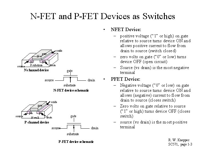 N-FET and P-FET Devices as Switches • – positive voltage (“ 1” or high)