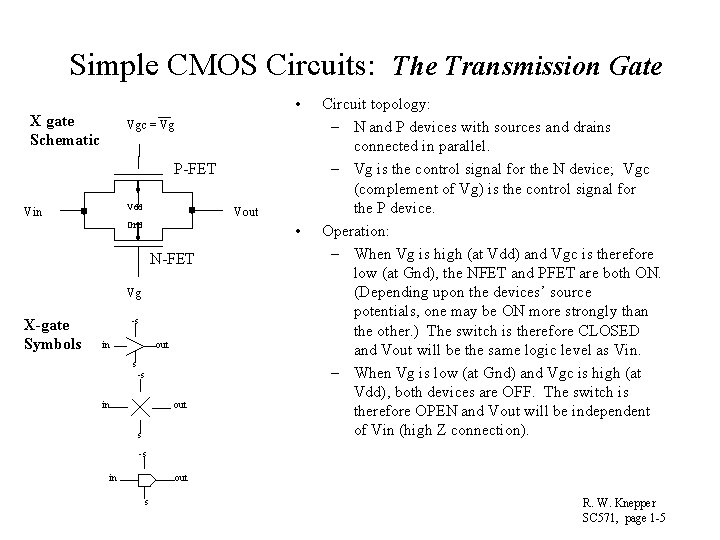 Simple CMOS Circuits: The Transmission Gate • X gate Schematic Vgc = Vg P-FET