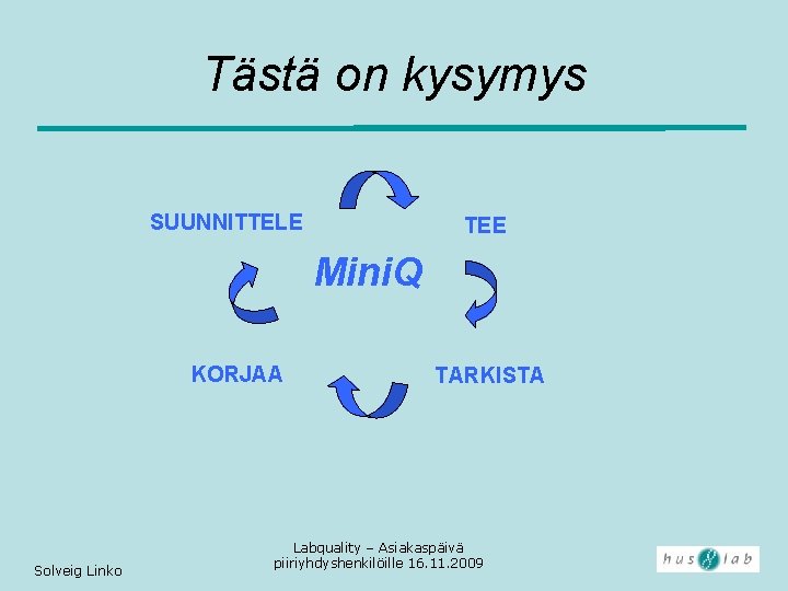 Tästä on kysymys SUUNNITTELE TEE Mini. Q KORJAA Solveig Linko TARKISTA Labquality – Asiakaspäivä