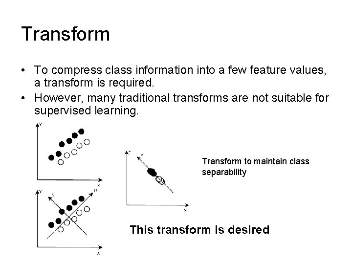 Transform • To compress class information into a few feature values, a transform is