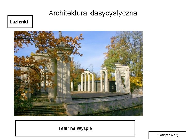 Architektura klasycystyczna Łazienki Teatr na Wyspie pl. wikipedia. org 