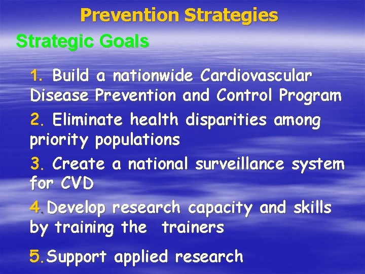 Prevention Strategies Strategic Goals 1. Build a nationwide Cardiovascular Disease Prevention and Control Program