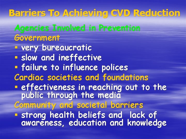 Barriers To Achieving CVD Reduction Agencies Involved in Prevention Government § very bureaucratic §