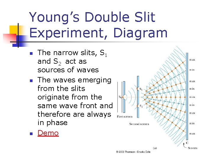 Young’s Double Slit Experiment, Diagram n n n The narrow slits, S 1 and