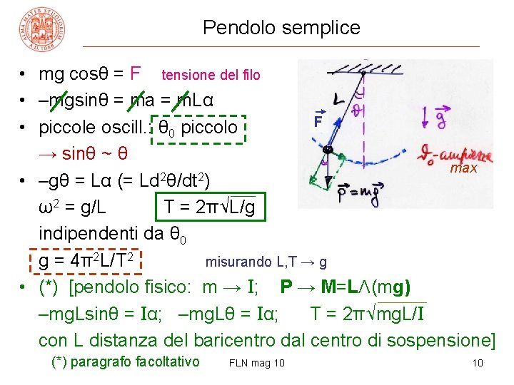 Pendolo semplice • mg cosθ = F tensione del filo • –mgsinθ = ma