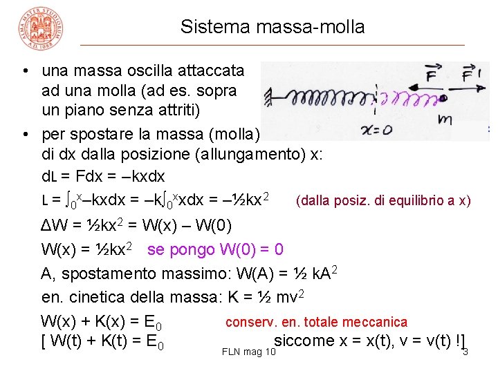 Sistema massa-molla • una massa oscilla attaccata ad una molla (ad es. sopra un