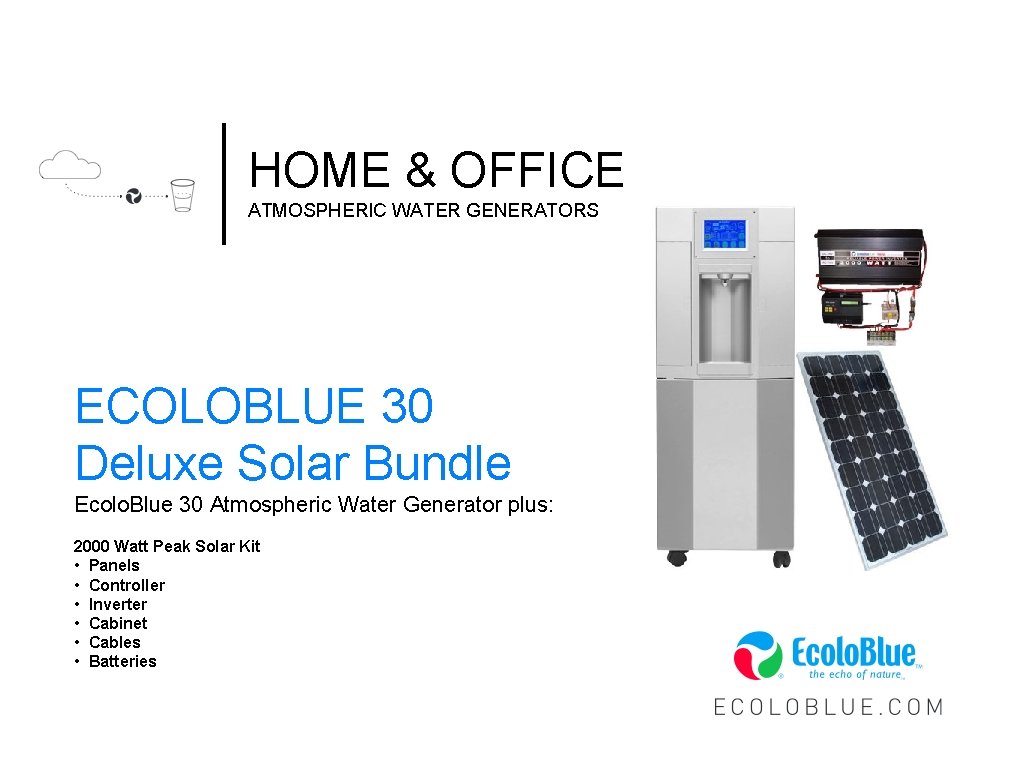 HOME & OFFICE ATMOSPHERIC WATER GENERATORS ECOLOBLUE 30 Deluxe Solar Bundle Ecolo. Blue 30