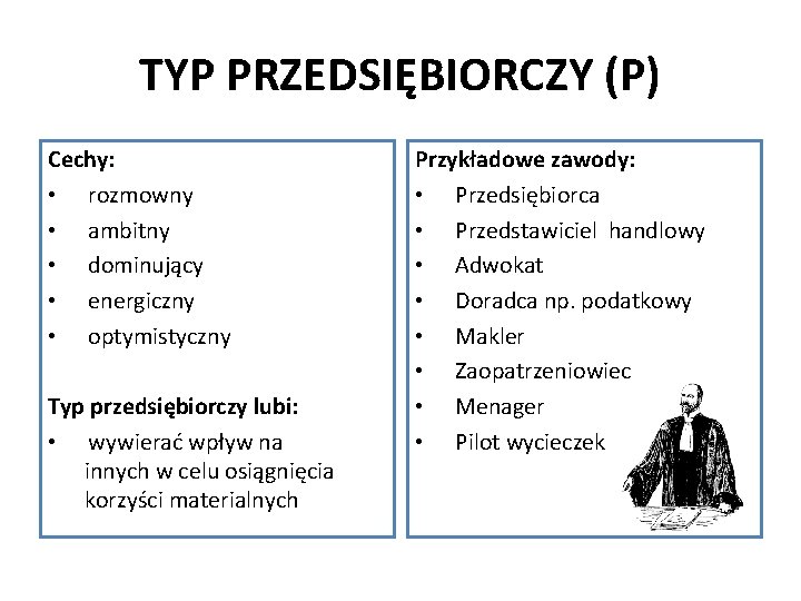 TYP PRZEDSIĘBIORCZY (P) Cechy: • rozmowny • ambitny • dominujący • energiczny • optymistyczny