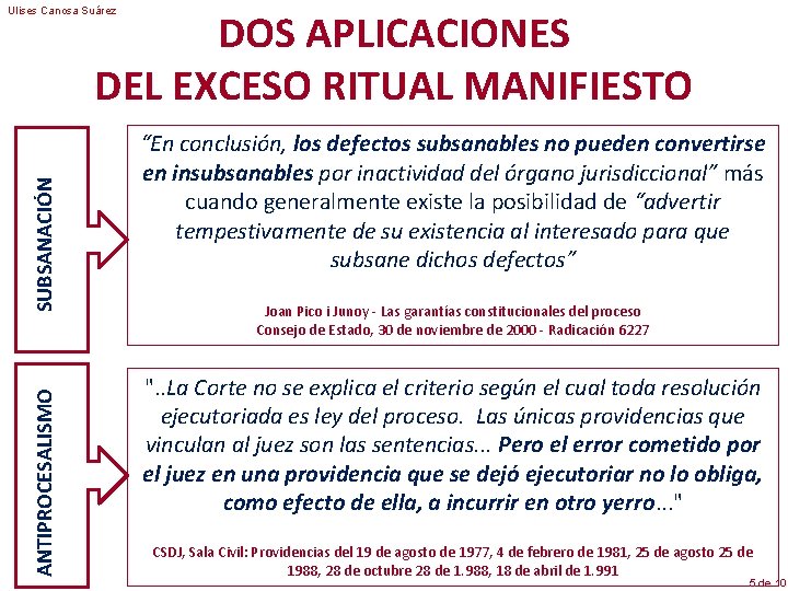 Ulises Canosa Suárez ANTIPROCESALISMO SUBSANACIÓN DOS APLICACIONES DEL EXCESO RITUAL MANIFIESTO “En conclusión, los