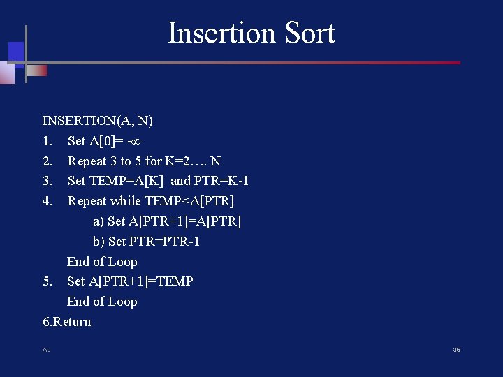 Insertion Sort INSERTION(A, N) 1. Set A[0]= -∞ 2. Repeat 3 to 5 for