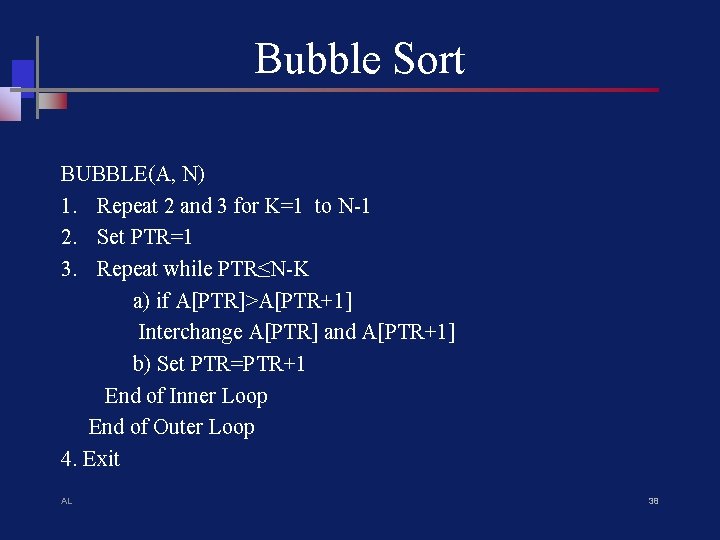 Bubble Sort BUBBLE(A, N) 1. Repeat 2 and 3 for K=1 to N-1 2.