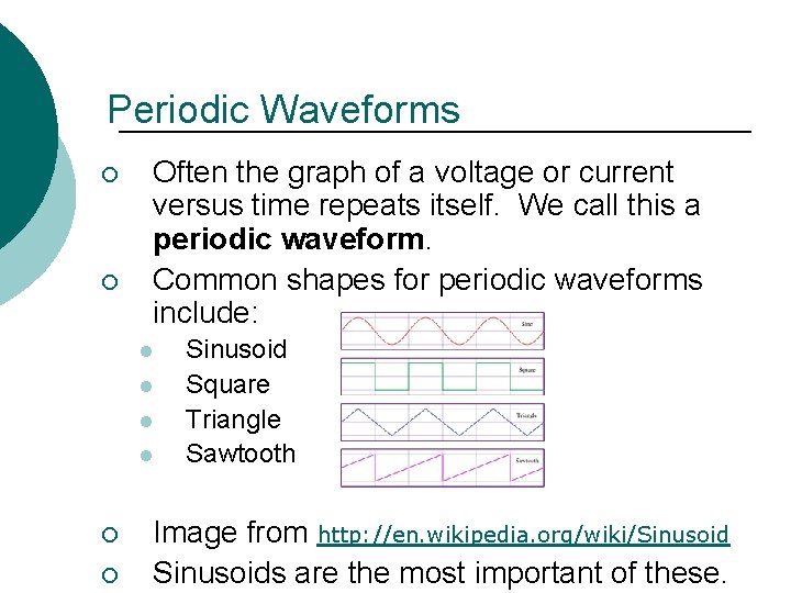 Periodic Waveforms ¡ ¡ Often the graph of a voltage or current versus time