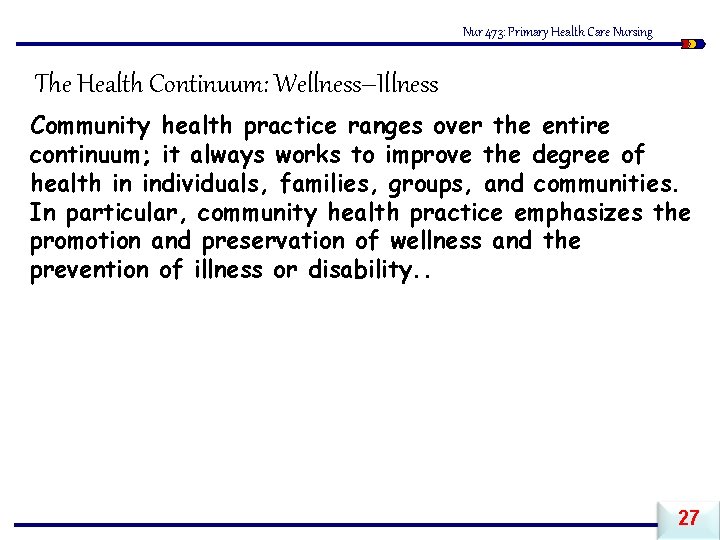 Nur 473: Primary Health Care Nursing The Health Continuum: Wellness–Illness Community health practice ranges