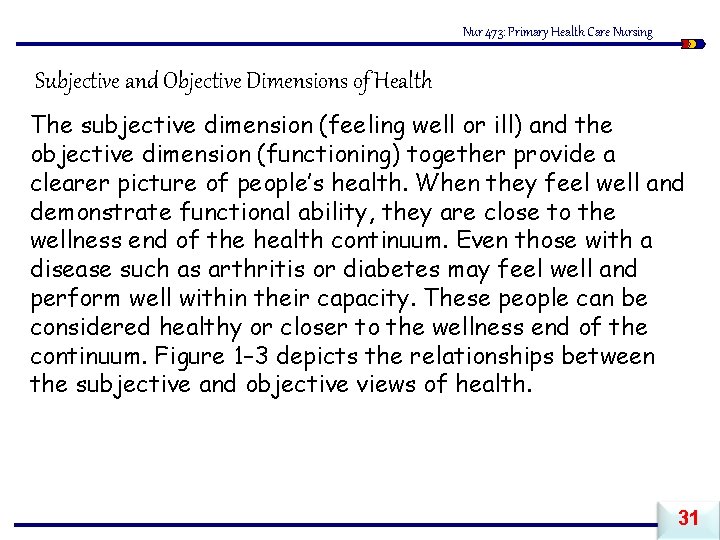 Nur 473: Primary Health Care Nursing Subjective and Objective Dimensions of Health The subjective