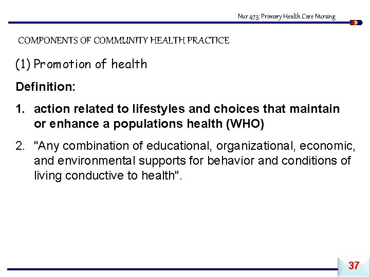 Nur 473: Primary Health Care Nursing COMPONENTS OF COMMUNITY HEALTH PRACTICE (1) Promotion of