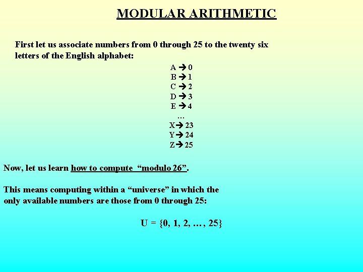 MODULAR ARITHMETIC First let us associate numbers from 0 through 25 to the twenty