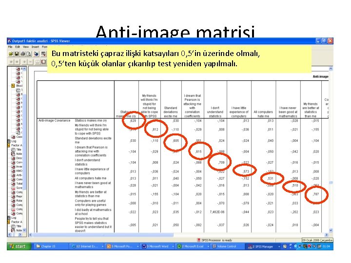 Anti-image matrisi Bu matristeki çapraz ilişki katsayıları 0, 5’in üzerinde olmalı, 0, 5’ten küçük