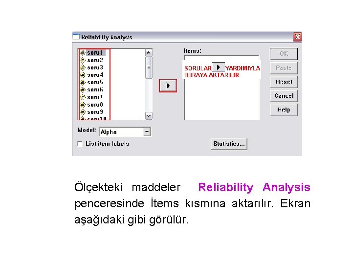 Ölçekteki maddeler Reliability Analysis penceresinde İtems kısmına aktarılır. Ekran aşağıdaki gibi görülür. 