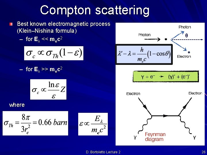 Compton scattering Best known electromagnetic process (Klein–Nishina formula) – for Eλ << mec 2