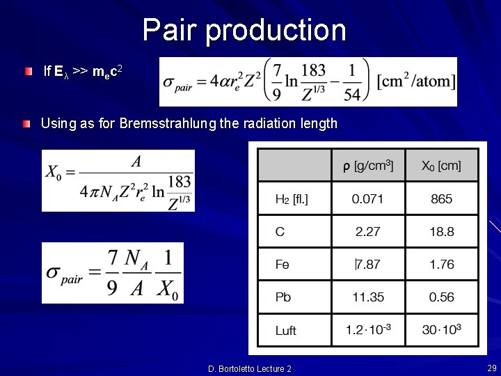 Pair production If Eλ >> mec 2 Using as for Bremsstrahlung the radiation length