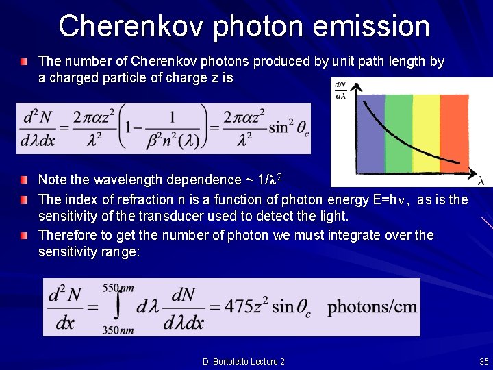 Cherenkov photon emission The number of Cherenkov photons produced by unit path length by