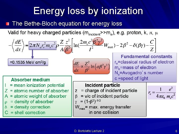 Energy loss by ionization The Bethe-Bloch equation for energy loss D. Bortoletto Lecture 2