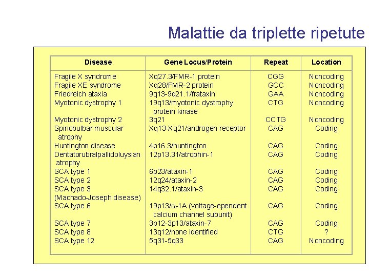 Malattie da triplette ripetute Disease Fragile X syndrome Fragile XE syndrome Friedreich ataxia Myotonic