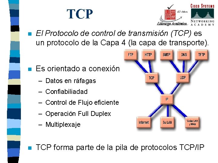 TCP n n El Protocolo de control de transmisión (TCP) es un protocolo de