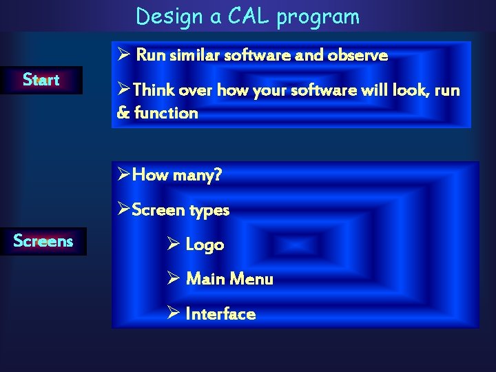 Design a CAL program Ø Run similar software and observe Start ØThink over how