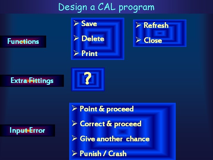 Design a CAL program Functions Ø Save Ø Refresh Ø Delete Ø Close Ø