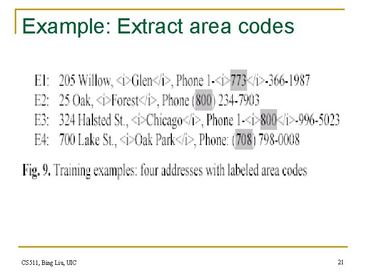 Example: Extract area codes CS 511, Bing Liu, UIC 21 