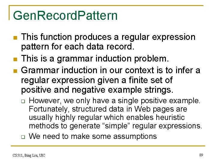 Gen. Record. Pattern n This function produces a regular expression pattern for each data