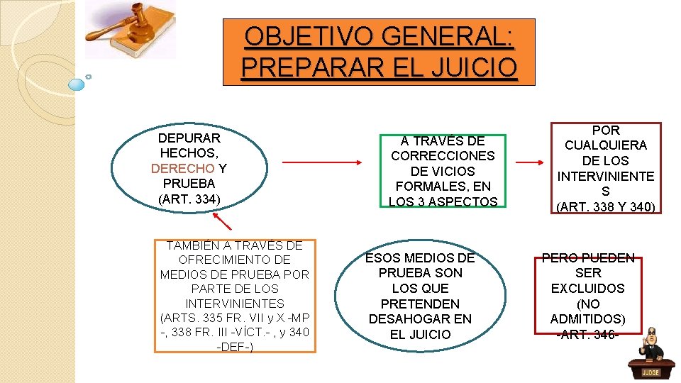 OBJETIVO GENERAL: PREPARAR EL JUICIO DEPURAR HECHOS, DERECHO Y PRUEBA (ART. 334) TAMBIÉN A