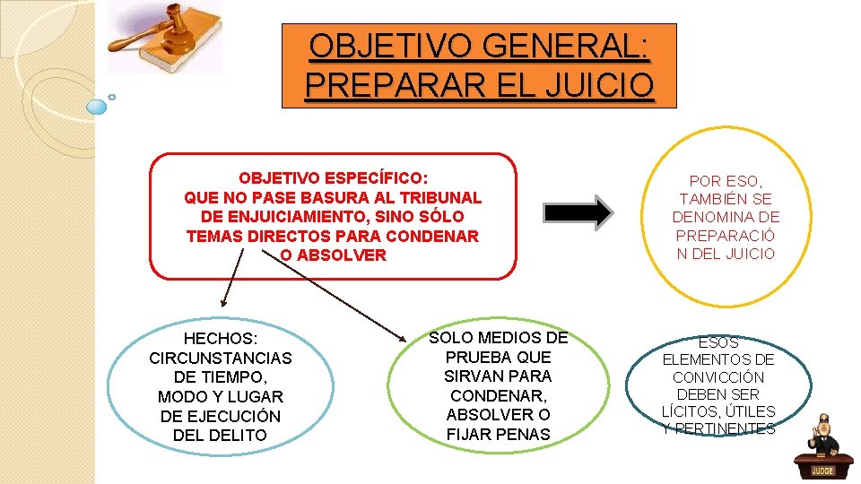 OBJETIVO GENERAL: PREPARAR EL JUICIO OBJETIVO ESPECÍFICO: QUE NO PASE BASURA AL TRIBUNAL DE
