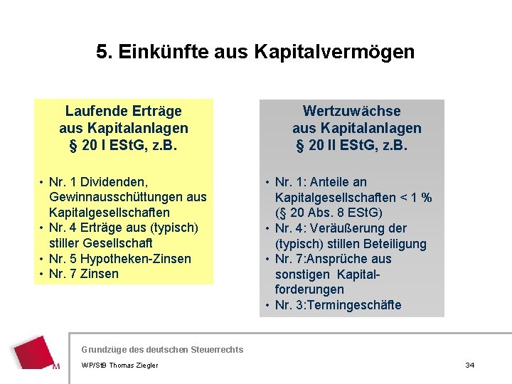 5. Einkünfte aus Kapitalvermögen Laufende Erträge aus Kapitalanlagen § 20 I ESt. G, z.