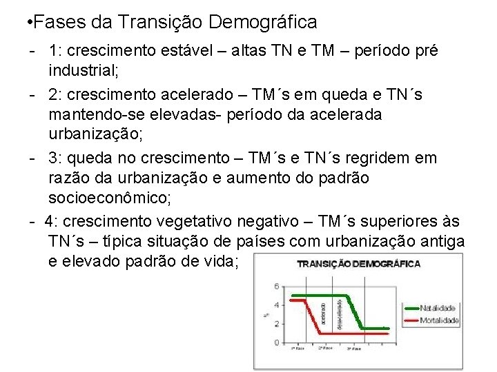  • Fases da Transição Demográfica - 1: crescimento estável – altas TN e