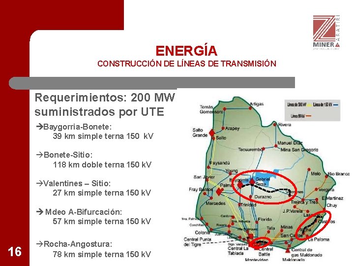 ENERGÍA CONSTRUCCIÓN DE LÍNEAS DE TRANSMISIÓN Requerimientos: 200 MW suministrados por UTE Baygorria-Bonete: 39