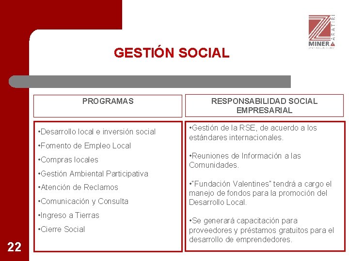 GESTIÓN SOCIAL PROGRAMAS • Desarrollo local e inversión social • Fomento de Empleo Local