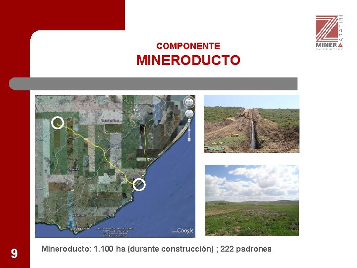 COMPONENTE MINERODUCTO 9 Mineroducto: 1. 100 ha (durante construcción) ; 222 padrones 