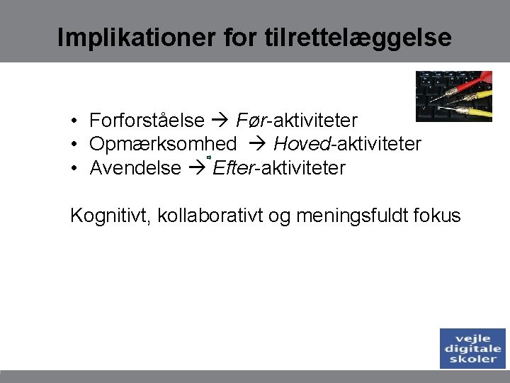 Implikationer for tilrettelæggelse • Forforståelse Før-aktiviteter • Opmærksomhed Hoved-aktiviteter • Avendelse Efter-aktiviteter Kognitivt, kollaborativt