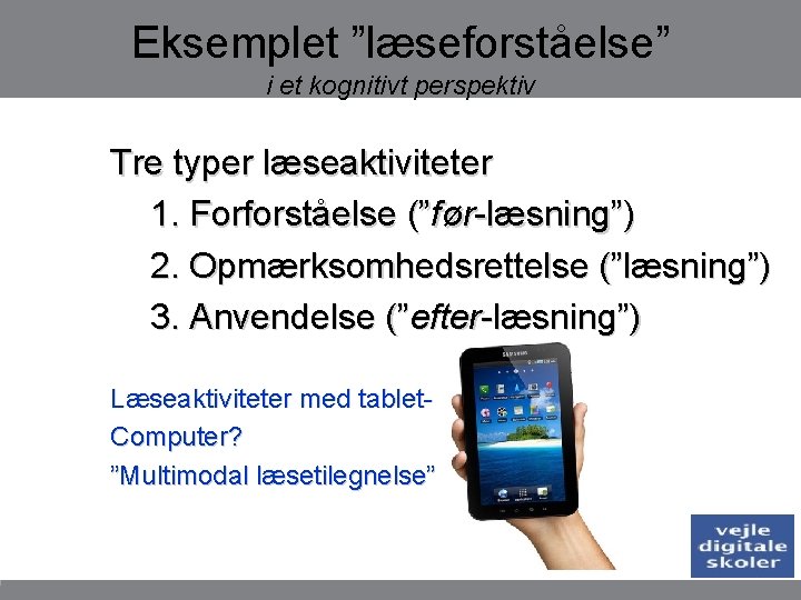 Eksemplet ”læseforståelse” i et kognitivt perspektiv Tre typer læseaktiviteter 1. Forforståelse (”før-læsning”) 2. Opmærksomhedsrettelse