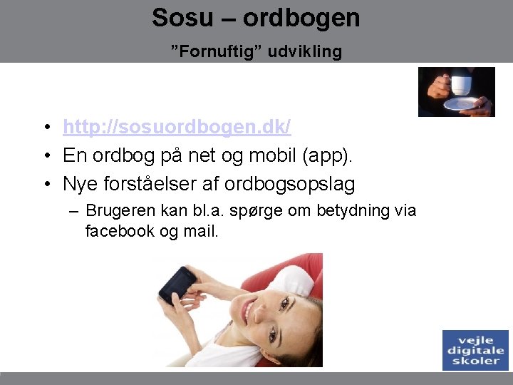 Sosu – ordbogen ”Fornuftig” udvikling • http: //sosuordbogen. dk/ • En ordbog på net