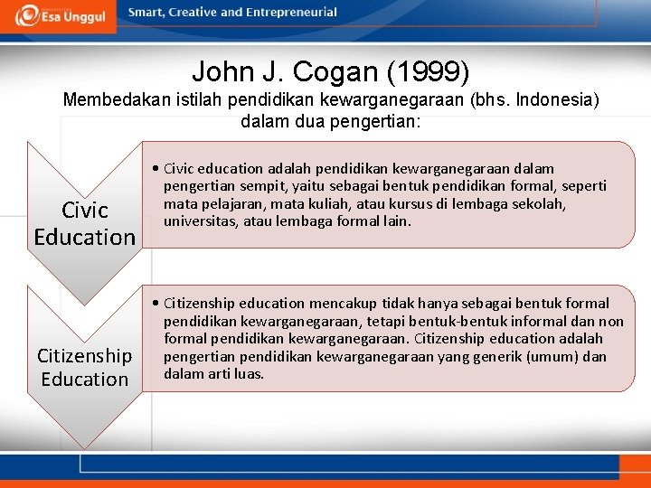 John J. Cogan (1999) Membedakan istilah pendidikan kewarganegaraan (bhs. Indonesia) dalam dua pengertian: Civic