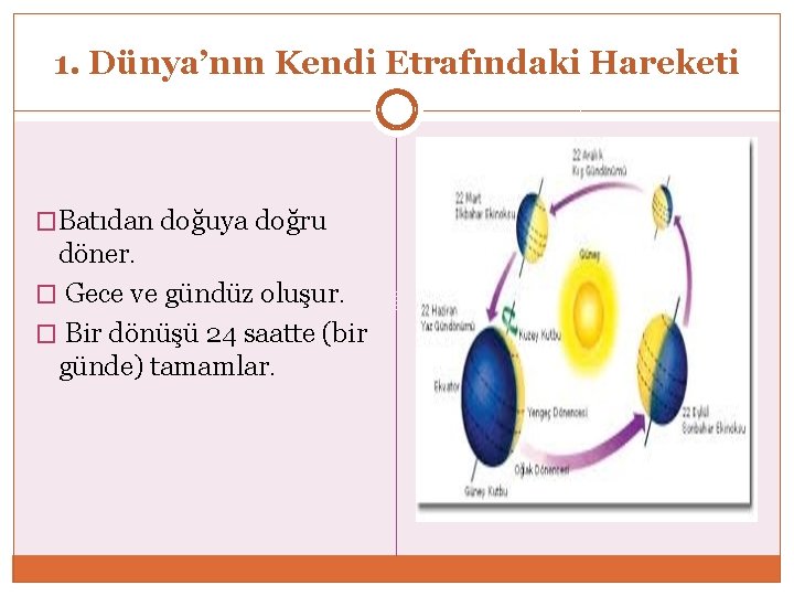 1. Dünya’nın Kendi Etrafındaki Hareketi �Batıdan doğuya doğru döner. � Gece ve gündüz oluşur.