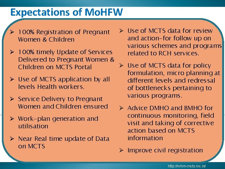 Expectations of Mo. HFW Ø Use of MCTS data for review and action-for follow